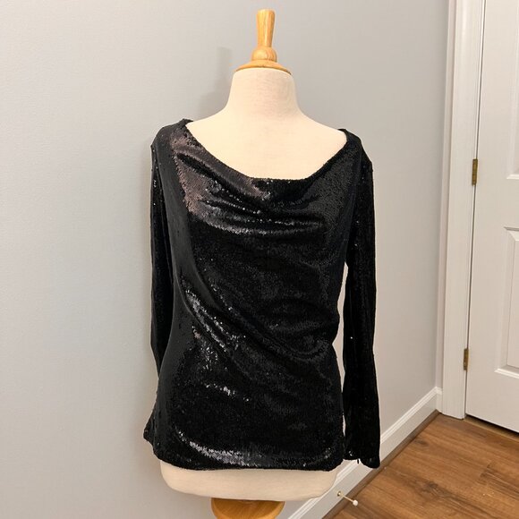Ramy Brook Ash Black Sequin Drape Cowl Neck Top Sz S - Picture 15 of 16